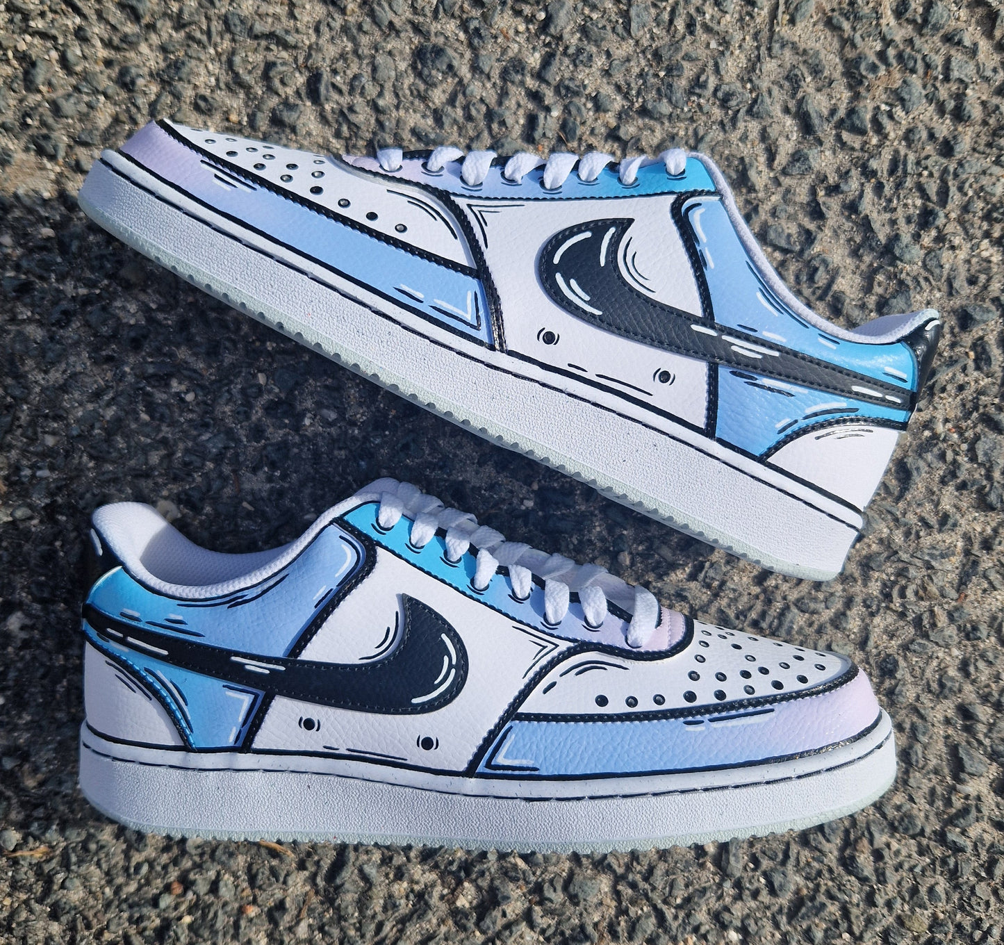 Nike court vision low custom Cartoon avec dégradé bleu-violet peint à la main – personnalisable