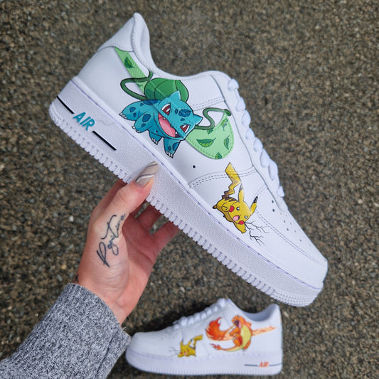 Custom Nike Air Force 1 Bulbizarre avec effets de feuilles et Pikachu – peinture Pokémon