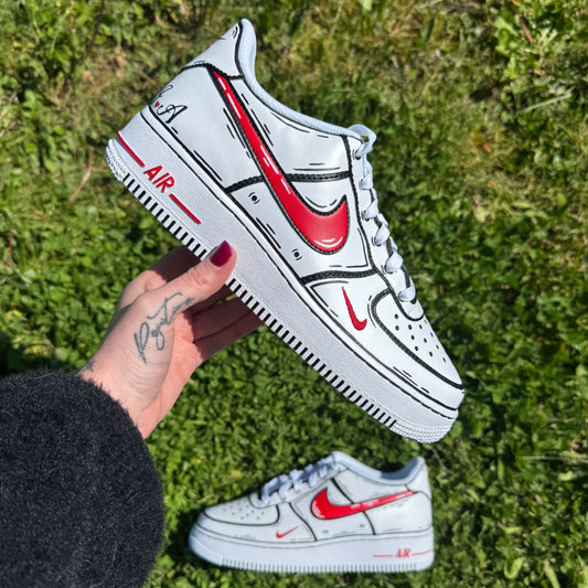 Nike Air Force 1 customisée style cartoon avec swoosh rouges peints à la main – personnalisable