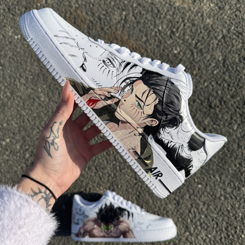 Nike Air Force 1 personalizadas de Eren Jäger y Eren Titán – pintura personalizada de Shingeki no Kyojin (Ataque de los Titanes).